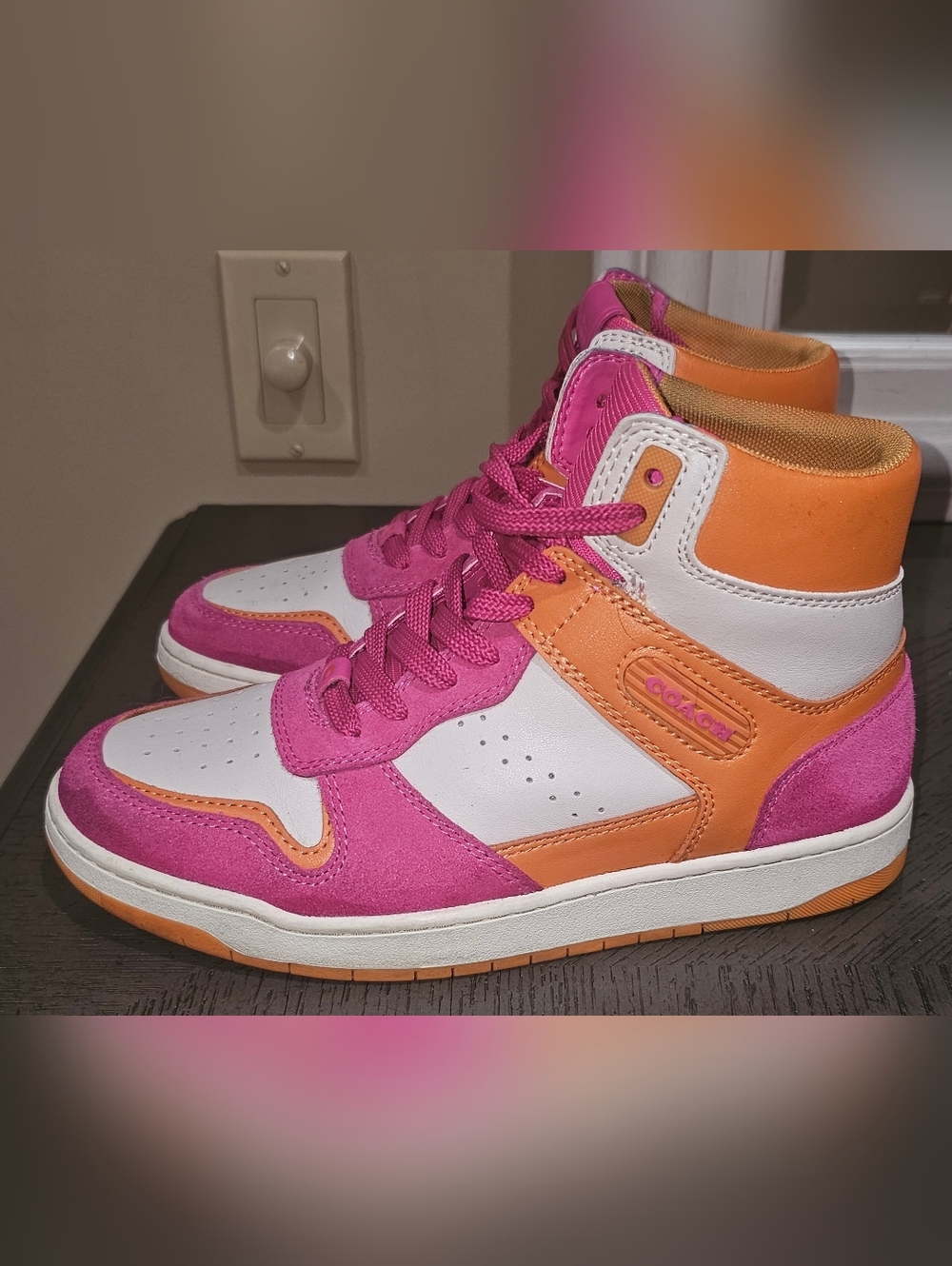 Coach  High-Top Sneakers Women Size 7 in Hot Pink, Orange & White
